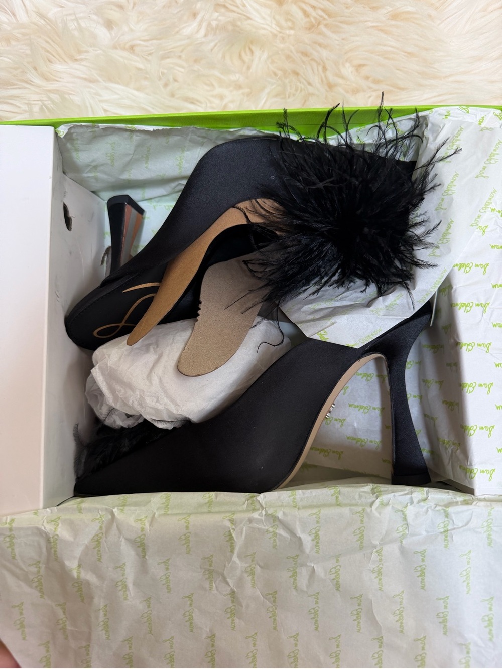 Sam Edelman Anthony Black satin Feather Pom Mule Heels - Women 5M new - Picture 3 of 10